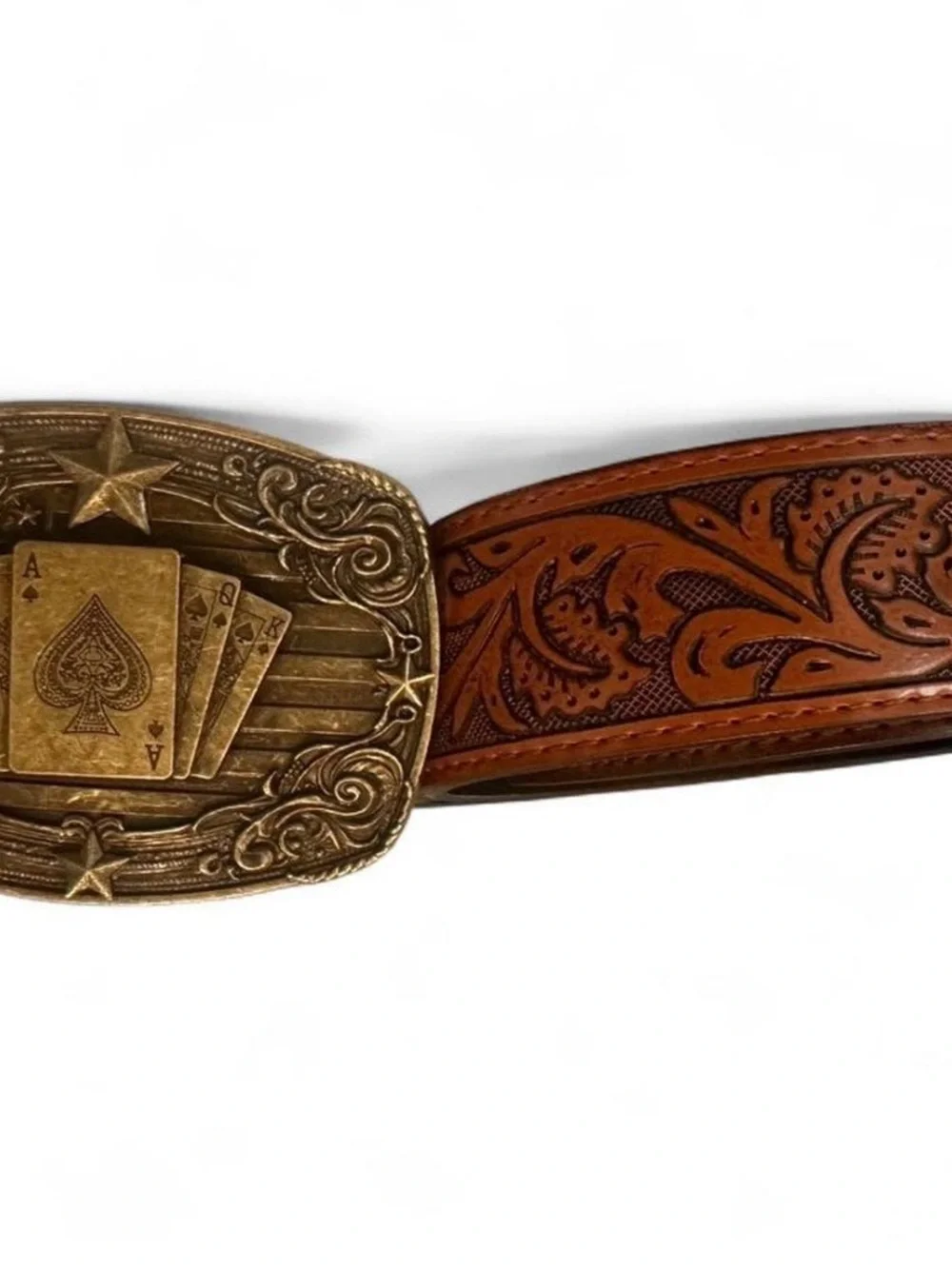 Western poker brass belt with floral embossed genuine leather